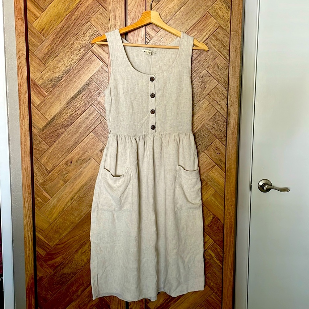Monteau Los Angeles Linen Dress Size Medium  Midi Sleeveless Natural Beige Loose